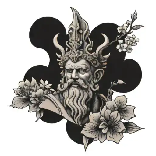 King Neptune statute with cherry blossoms, orange blossoms, and buckeyes tattoo design idea