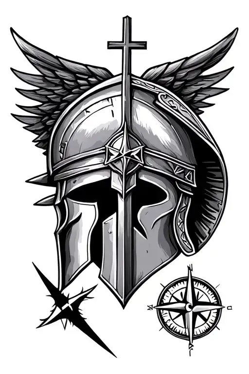 Spartan helmet, cross, compass tattoo design idea