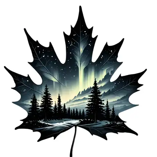 an outline of a maple leaf woth a scene of pine trees and northern lights inside it tattoo design idea
