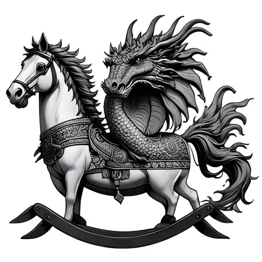 water dragon with a Trojan horse rocking horse tattoo design idea