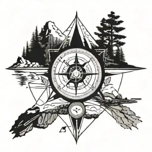A geometric compass tattoo with hiking trail markers pointing towards different family members' initials tattoo design idea