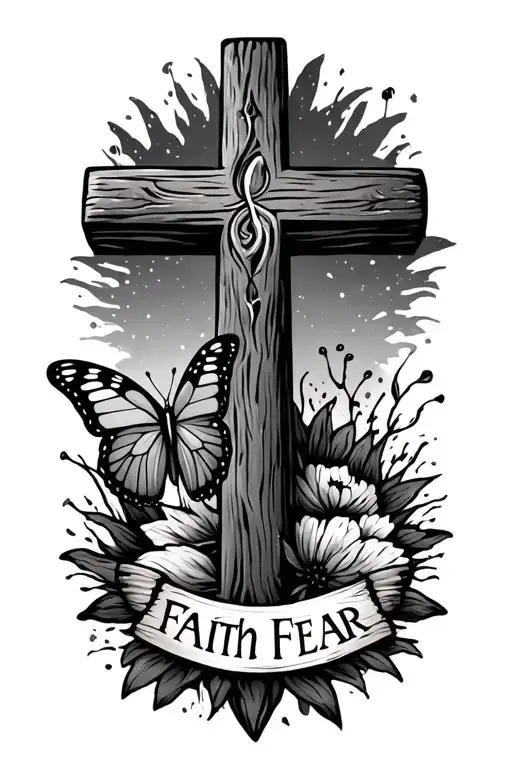 wood cross with butterfly on bottom left with text faith over fear tattoo design idea