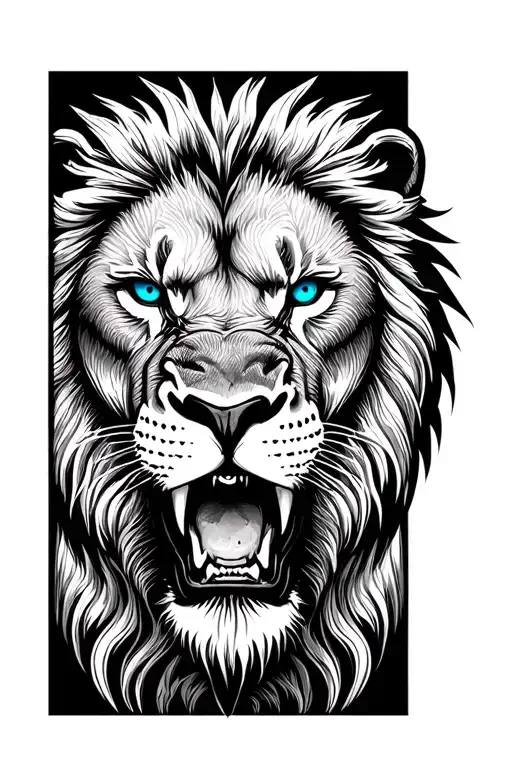 Imagine A Roaring Lion's Face,Drawn In Sharp,Minimalist Lines. The Expression Is Intense,dark blue eyes... Tattoo tattoo design idea