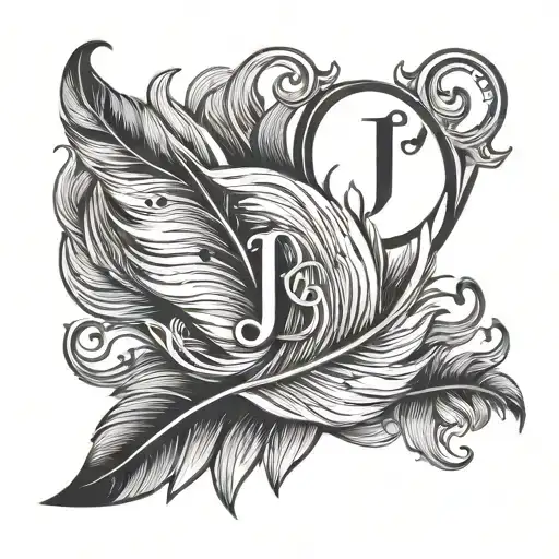 love heart feather with initials J C A simple delicate tattoo design idea