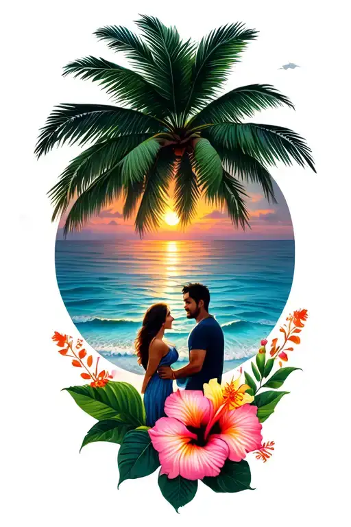 palm tree beach couple sunset with hibiscus flowers at base of design tattoo design idea