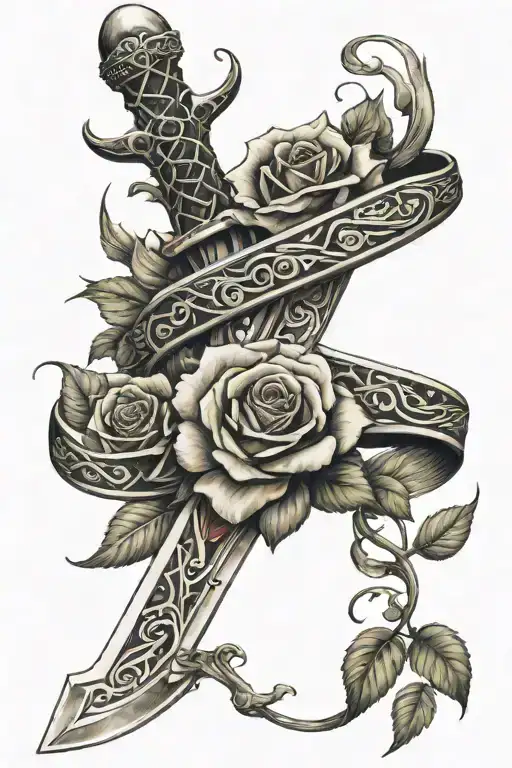 sword with black mamba wrapped around and rose growing tattoo design idea