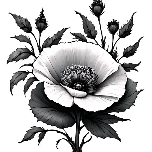 willow tree and poppy flower intertwined tattoo design idea