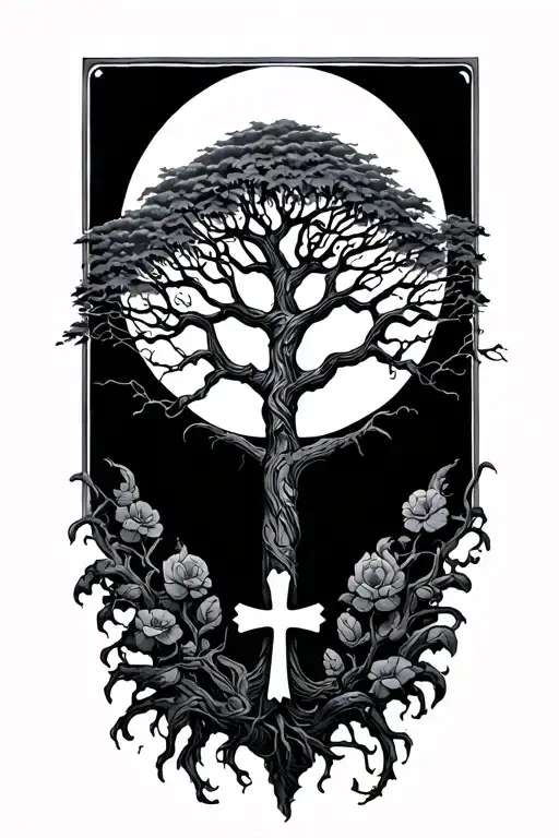 poison tree with cross intertwined and a sun tattoo design idea