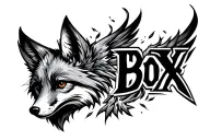 Melanistic Cross Fox head mixed with Phoenix rising from ashes. Words 'Fox Box' tattoo design idea