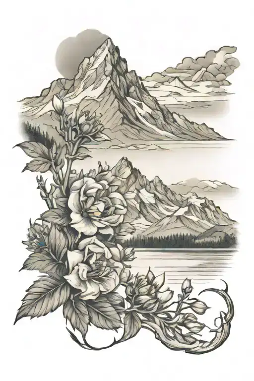 alaska denali mountain landscape with alaskan flowers tattoo design idea