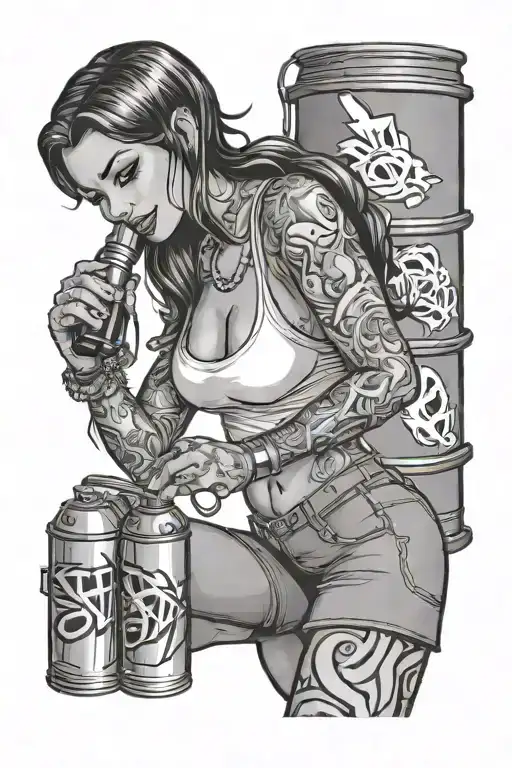 sexy cartoon girl holding spray can while doing graffiti tattoo design idea