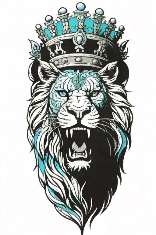 crowned lion roaring fiercely turquoise white black grey tattoo design idea
