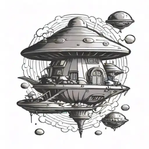 kame house in the background and cartoon style flying saucer tattoo design idea