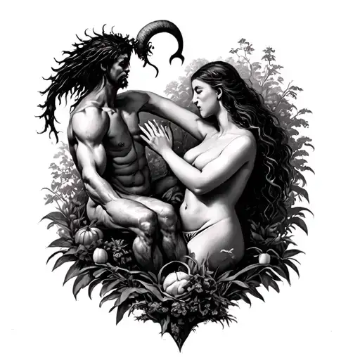 Story of fall of Man in garden of Eden with Satan having sexual relations with eve tattoo design idea