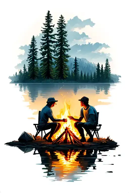 camping scene with fire and lake reflecting whit friends color tattoo design idea