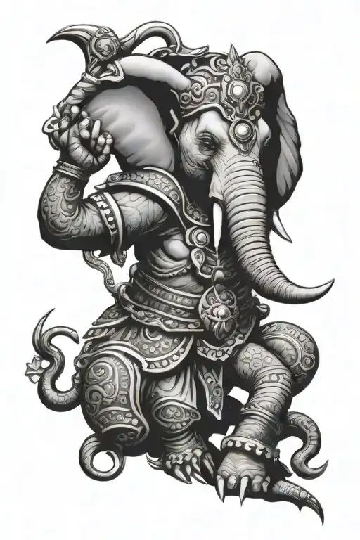 Queen Elephant warrior with trunk up tattoo design idea