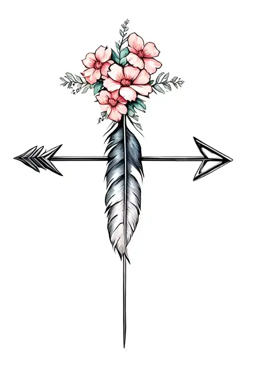 feather Arrow made into cross with flowers and a Ichthus symbol  tattoo design idea