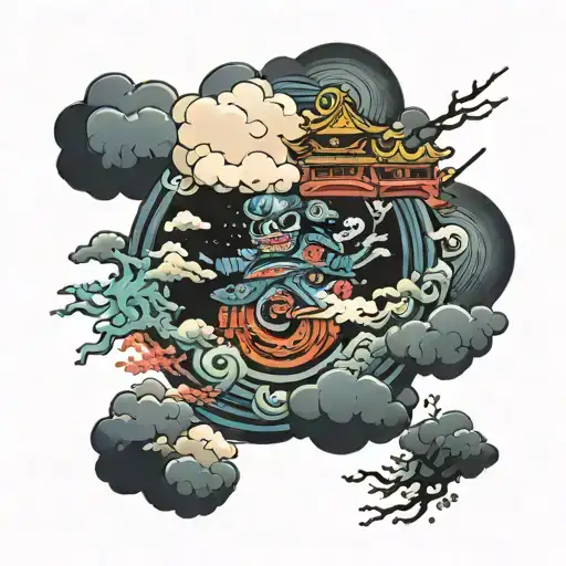 Japanese cloud, land of the dead, dreamland, Cosmicism, cartoony. Shoulder tattoo.  Spirit. tattoo design idea