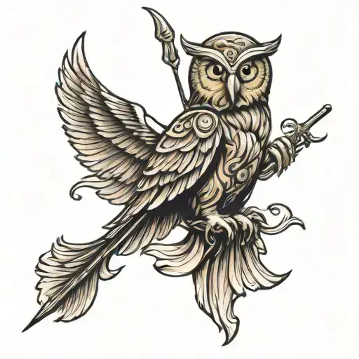 Athena Greek Mythology with owl and spear tattoo design idea