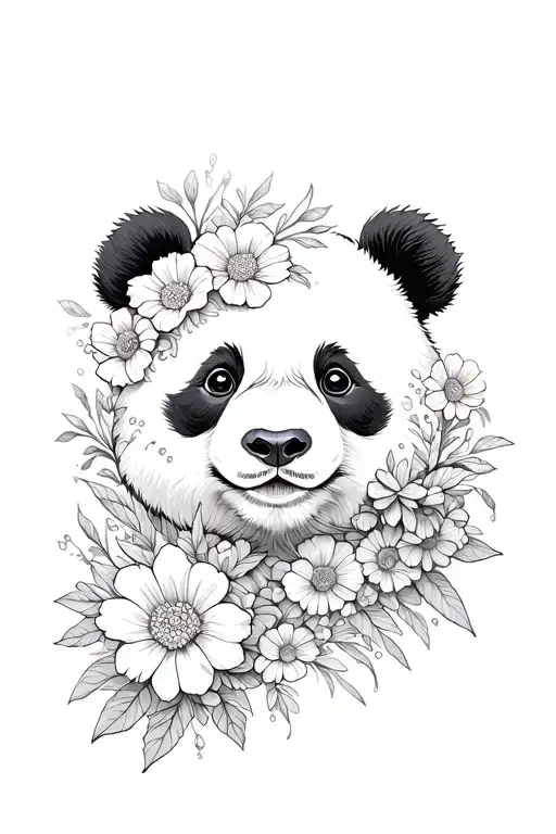 panda whos face is morphed into flowers growing tattoo design idea