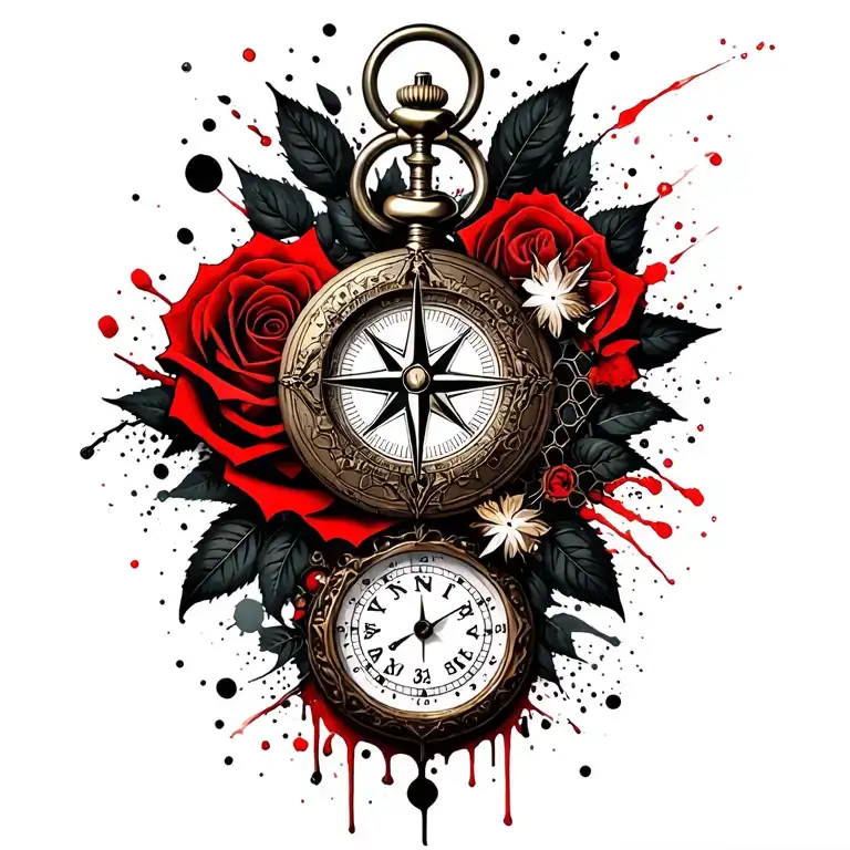 compass, forest, pocket watch, honeycomb, and rose intertwined tattoo design idea