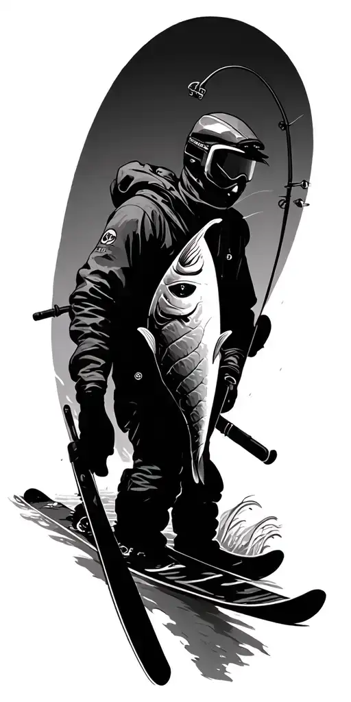 ski and spearfishing scene tattoo design idea