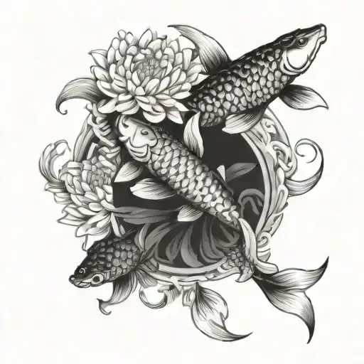 Chrysanthemum tattoo koi carp and Fatima written in Japanese tattoo design idea