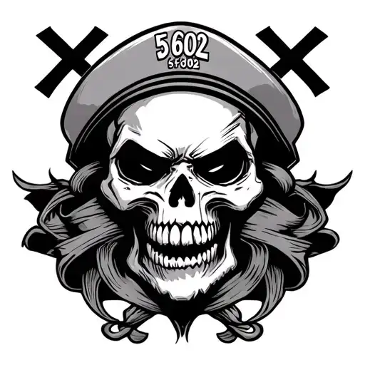 angry skull facing forward with a single X on each side and 56602 on top. old sailor style tattoo design idea