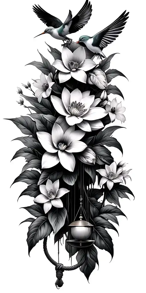 violet, narcissus, water lily, morning glory with 2 doves 1 hummingbird 1 wind chime and 1 rope tattoo design idea
