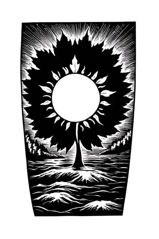 sun with maple leaf shaped like tattoo design idea