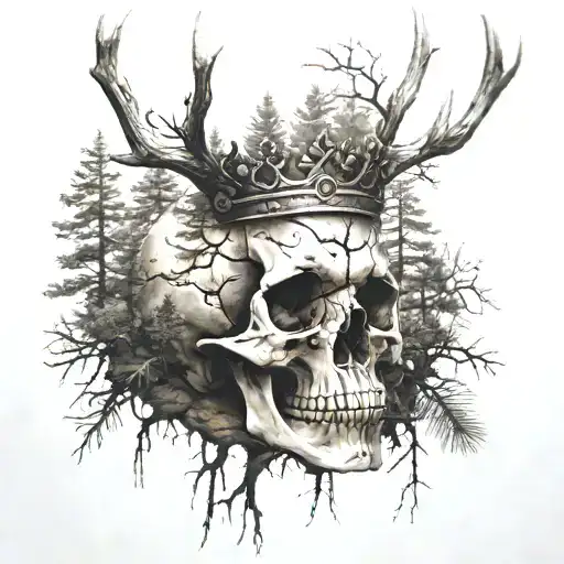 Skull Buried In Dirt In A Forest of pine trees with a crown made from deer  antlers tattoo design idea