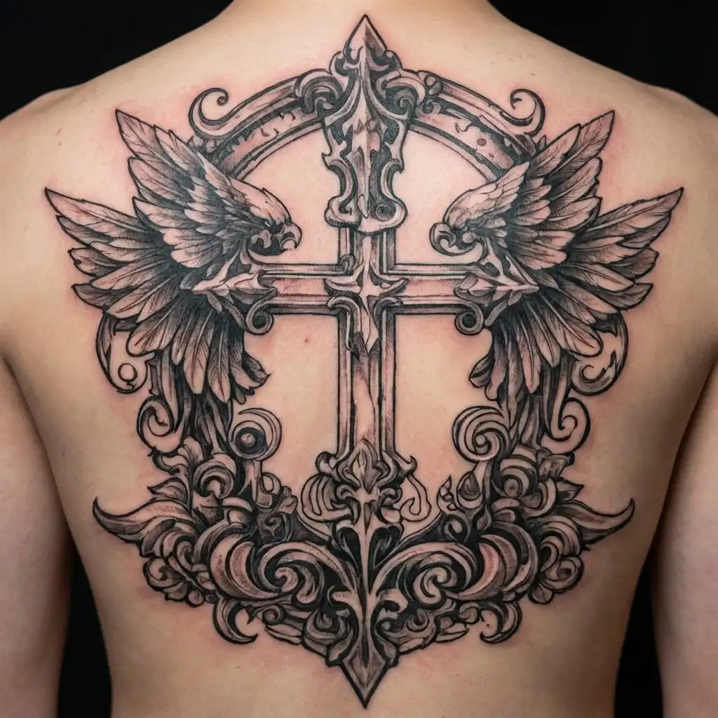 christian cross with majestic angel tattoo design idea