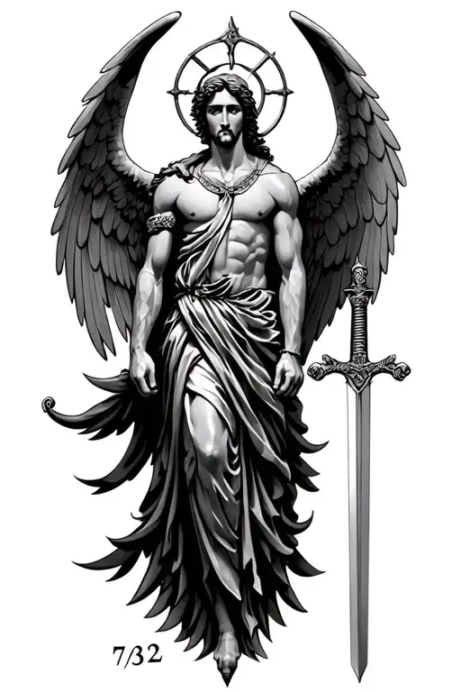 "732"  st. michael with wings and sword tattoo design idea