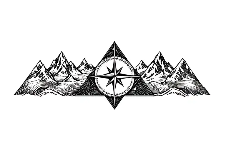 large compass surrounded by intricate geometric mountains and waves, black and white, add triangle frame tattoo design idea