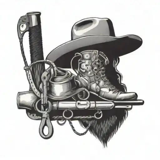 A collage of various cowboy tools and equipment, such as lassos, spurs, and branding irons, representing the cowboy's daily life on the ranch tattoo design idea