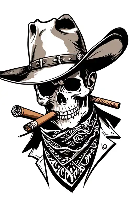 Tattoo of cowboy skull smoking a cigar and wearing a cowboy hat and blurryface bandana tattoo design idea
