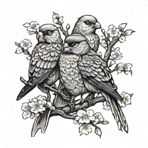 A tattoo of a father, husband, and lover symbolized by three birds perched on cherry blossoms tattoo design idea