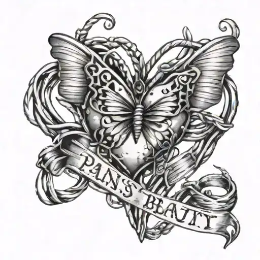 barb wire heart with butterfly on top of it with the words "pain is beauty in the middle of it tattoo design idea
