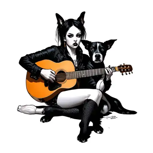 A leftist female punk playing guitar with a black faced dog with white body familiar tattoo design idea