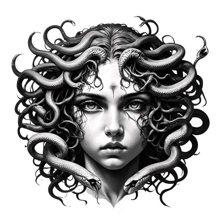 realistic black and white full back tattoo of Medusa, snakes in hair, intense gaze, high detail, gothic elements, symmet tattoo design idea