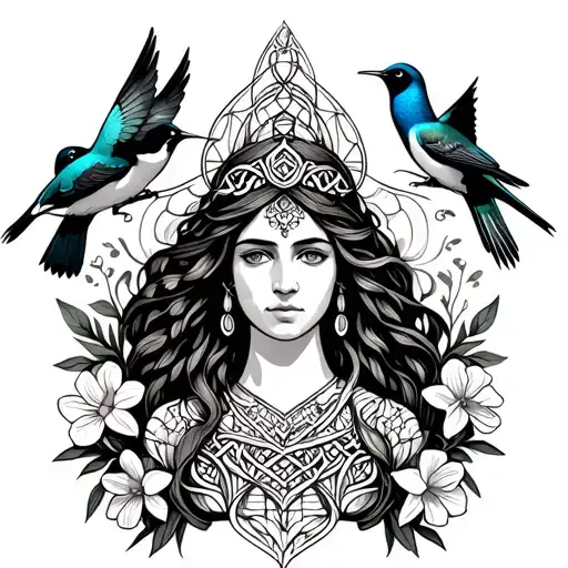 Celtic Goddess, Rhiannon. Surrounded by flying songbirds and daffodils tattoo design idea