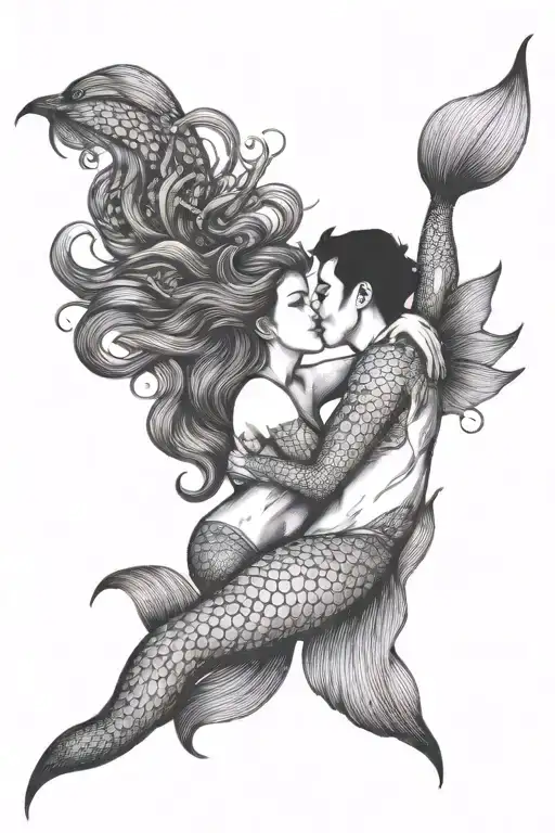 scuba diver kissing mermaid swimming tattoo design idea