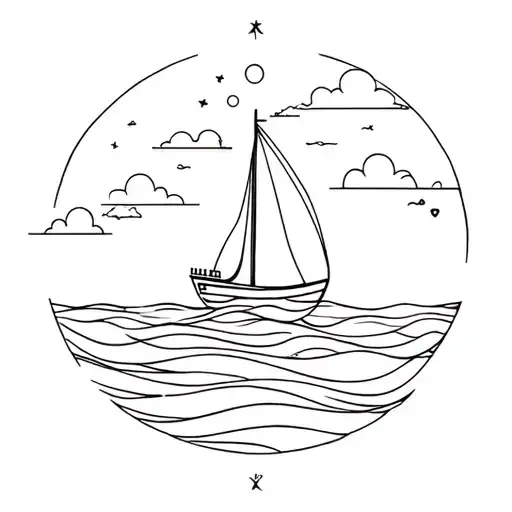 boat, line work, waves, sky and cloud, moon phases tattoo design idea