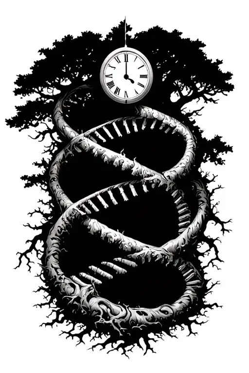 A double helix (DNA) morphing into tree roots and branches. the top of the tree in a clock.  tattoo design idea