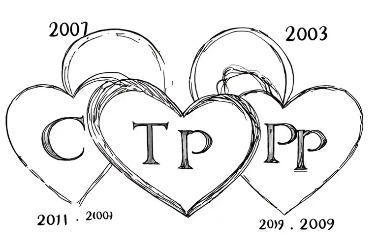 3 hearts with the letter C and T and P also with 2001 and 2003 and 2009 also on the 3 hearts on the left side a print tattoo design idea