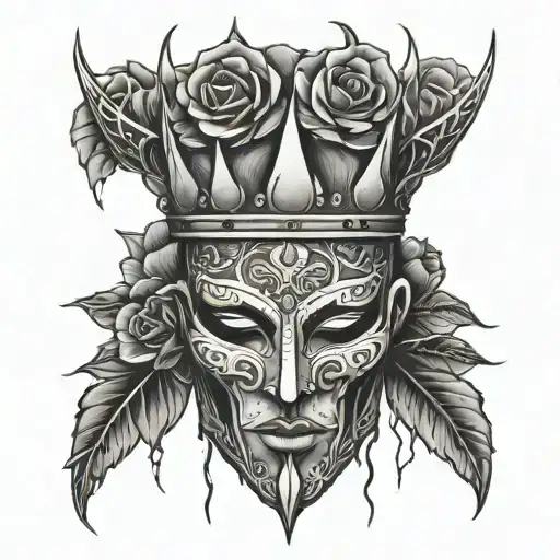 full mask with cracks and flower and crown and lightning tattoo design idea