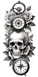 third eye, skull, compass, pocket watch surrounded by roses tattoo design idea