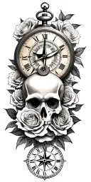 third eye, skull, compass, pocket watch surrounded by roses tattoo design idea