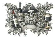 scroll/banner along the clavicle in pirate style with a cup overflowing wine and coins scattered tattoo design idea