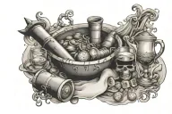 scroll/banner along the clavicle in pirate style with a cup overflowing wine and coins scattered tattoo design idea